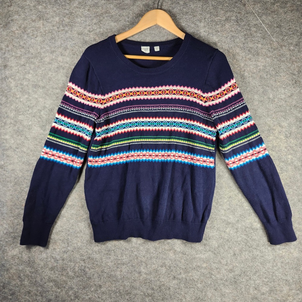 VTG GAP Women Navy Blue Fair Isle Knit Sweater M Long Sleeve Nordic Cozy 90s Y2K